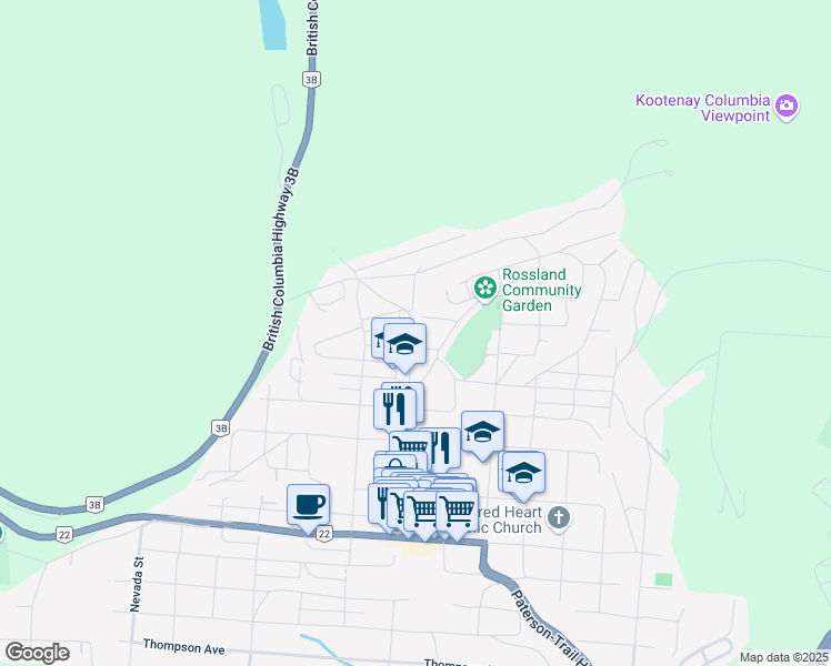 map of restaurants, bars, coffee shops, grocery stores, and more near 2546 Washington Street in Rossland
