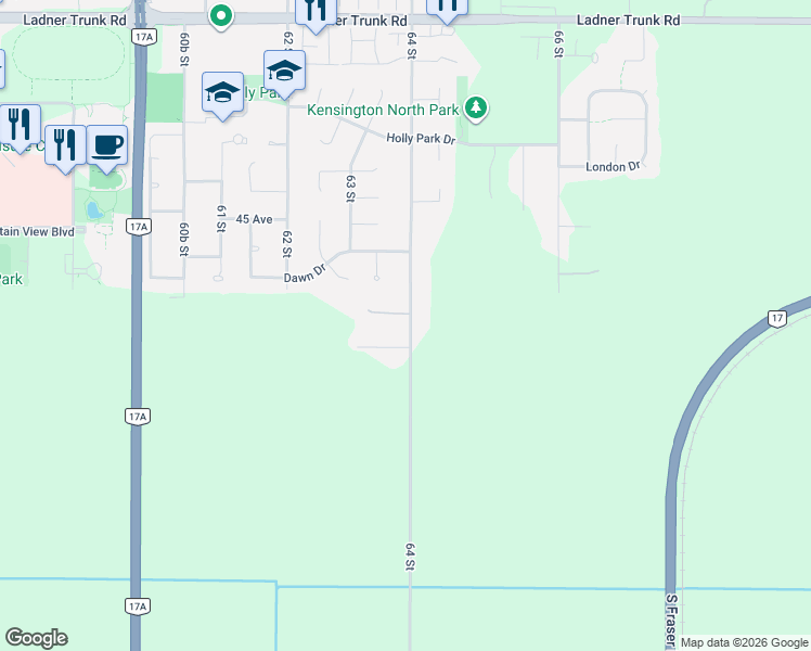 map of restaurants, bars, coffee shops, grocery stores, and more near 6303 43A Avenue in Delta