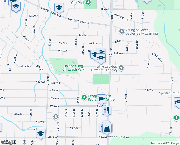 map of restaurants, bars, coffee shops, grocery stores, and more near 20651 44 Avenue in Langley
