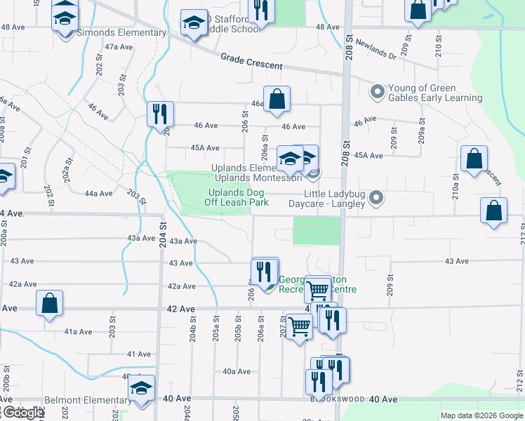 map of restaurants, bars, coffee shops, grocery stores, and more near 20611 44 Avenue in Langley