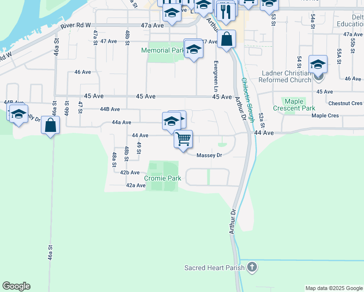 map of restaurants, bars, coffee shops, grocery stores, and more near 4404 50 Street in Delta