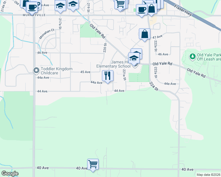 map of restaurants, bars, coffee shops, grocery stores, and more near 4411 Benz Crescent in Langley
