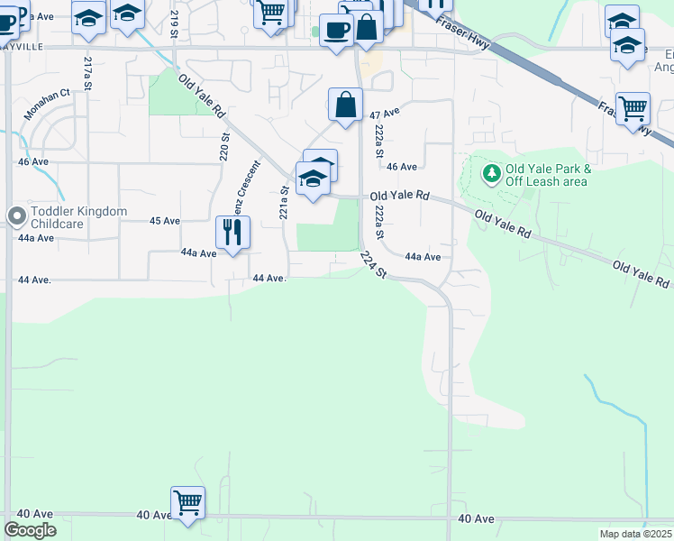 map of restaurants, bars, coffee shops, grocery stores, and more near 22170 44A Avenue in Langley Township