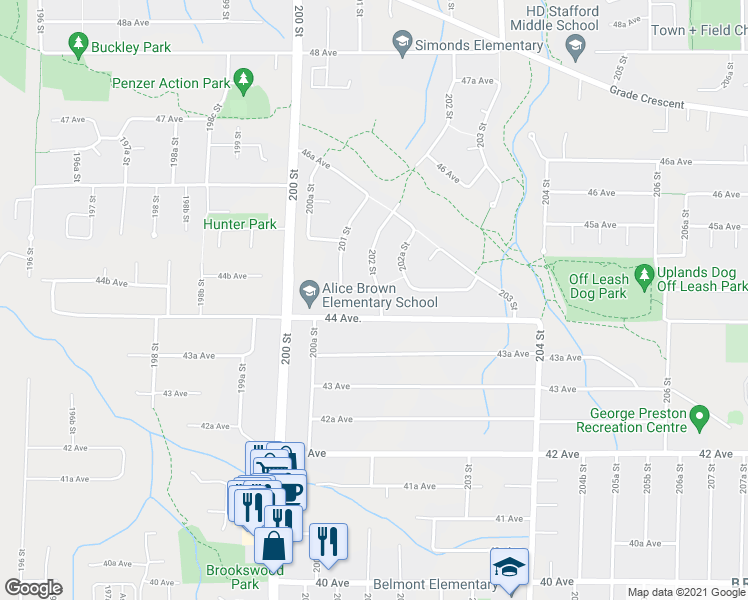 map of restaurants, bars, coffee shops, grocery stores, and more near 4427 202 Street in Langley