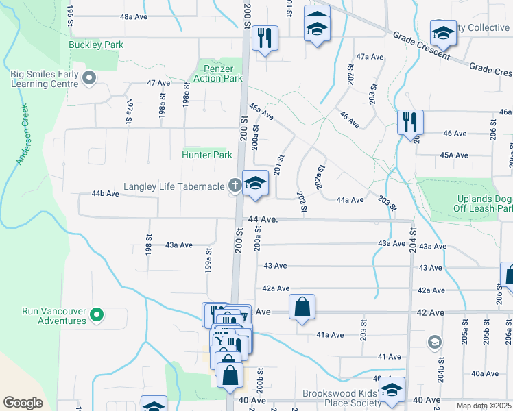 map of restaurants, bars, coffee shops, grocery stores, and more near 20011 44 Avenue in Langley