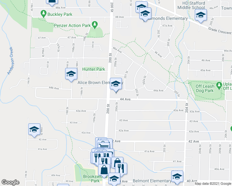 map of restaurants, bars, coffee shops, grocery stores, and more near 20011 44 Avenue in Langley City