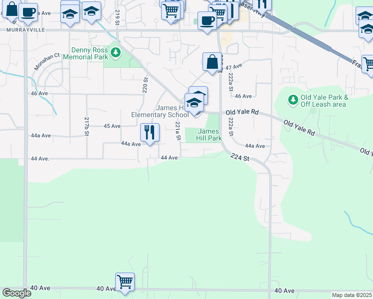 map of restaurants, bars, coffee shops, grocery stores, and more near 22139 44A Avenue in Langley
