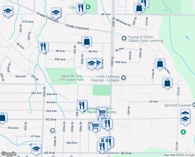map of restaurants, bars, coffee shops, grocery stores, and more near 20680 44A Avenue in Langley