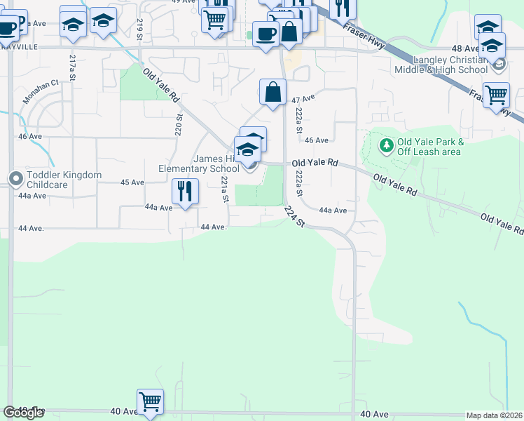 map of restaurants, bars, coffee shops, grocery stores, and more near 22157 44A Avenue in Langley