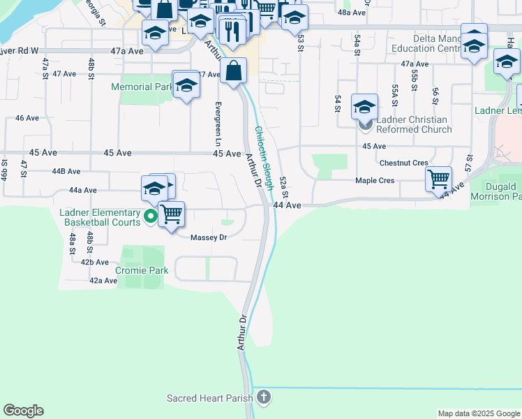 map of restaurants, bars, coffee shops, grocery stores, and more near 4385 Arthur Drive in Delta