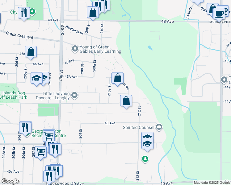 map of restaurants, bars, coffee shops, grocery stores, and more near 21061 44A Avenue in Langley
