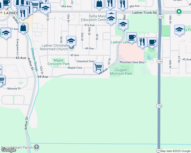 map of restaurants, bars, coffee shops, grocery stores, and more near 5548 44 Avenue in Delta