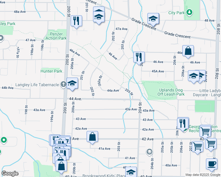 map of restaurants, bars, coffee shops, grocery stores, and more near 20233 44A Avenue in Langley