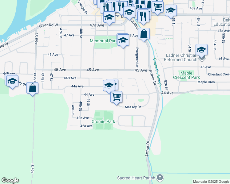 map of restaurants, bars, coffee shops, grocery stores, and more near 4404 50 Street in Delta
