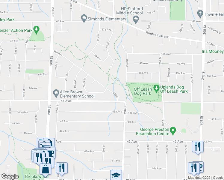 map of restaurants, bars, coffee shops, grocery stores, and more near 4428 203 Street in Langley