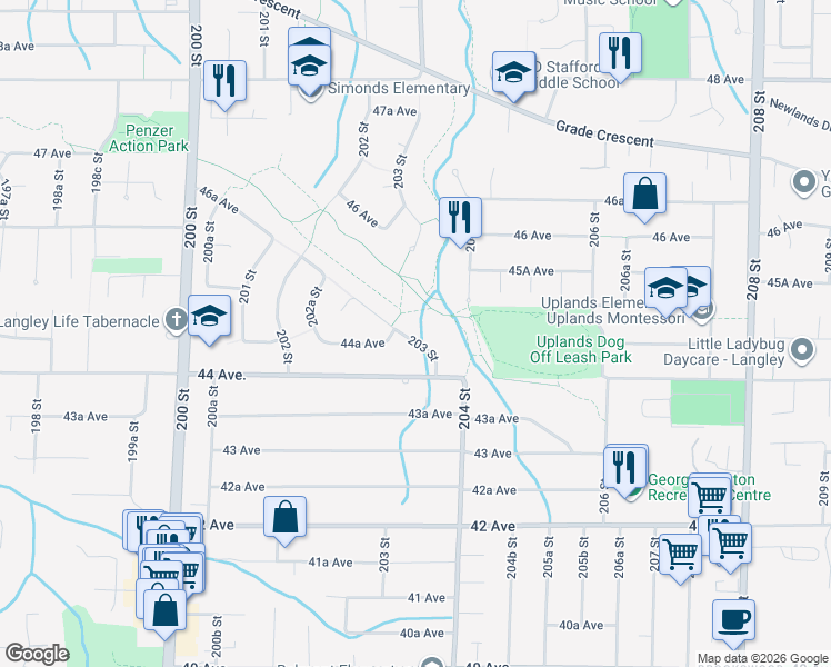 map of restaurants, bars, coffee shops, grocery stores, and more near 4428 203 Street in Langley