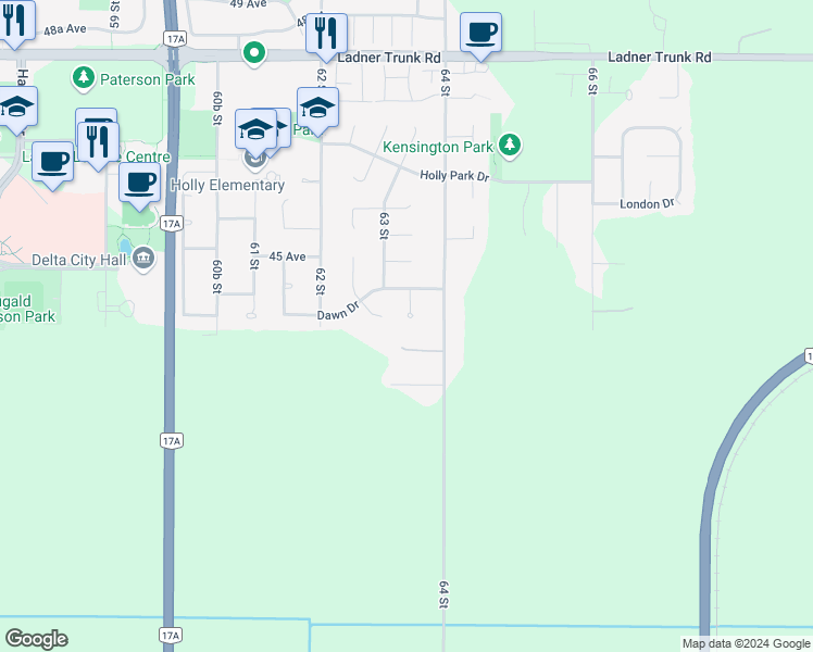 map of restaurants, bars, coffee shops, grocery stores, and more near 4405 63A Street in Delta
