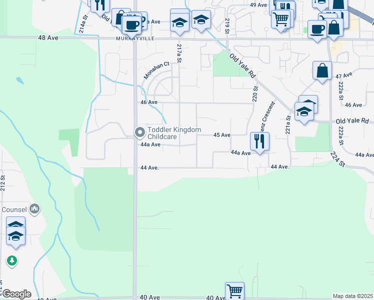 map of restaurants, bars, coffee shops, grocery stores, and more near 21746 44A Avenue in Langley