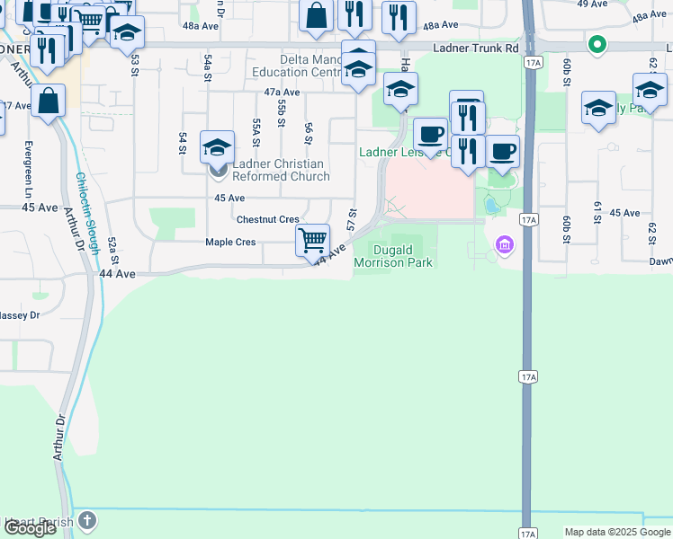 map of restaurants, bars, coffee shops, grocery stores, and more near 5586 44 Avenue in Delta