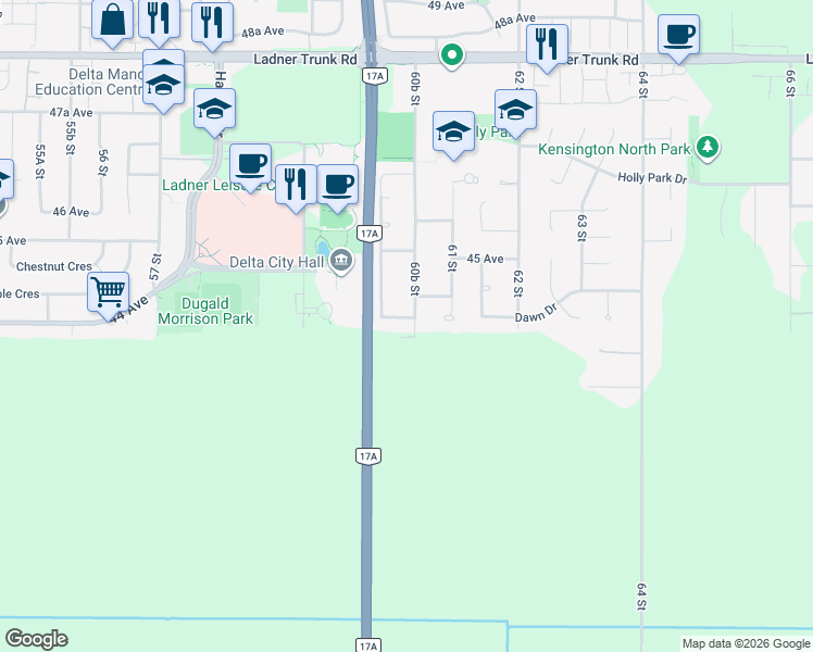 map of restaurants, bars, coffee shops, grocery stores, and more near 6050 44 Avenue in Delta