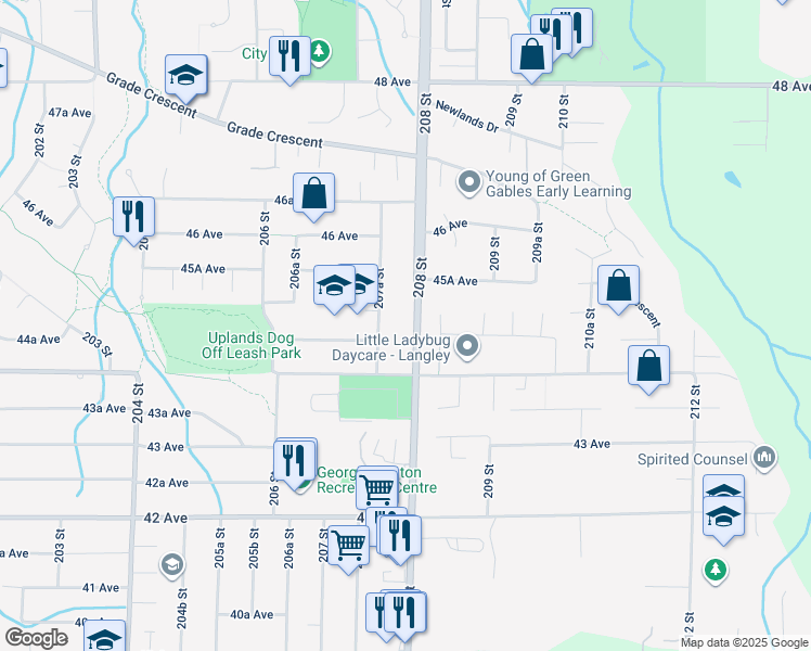 map of restaurants, bars, coffee shops, grocery stores, and more near 4483 208 Street in Langley