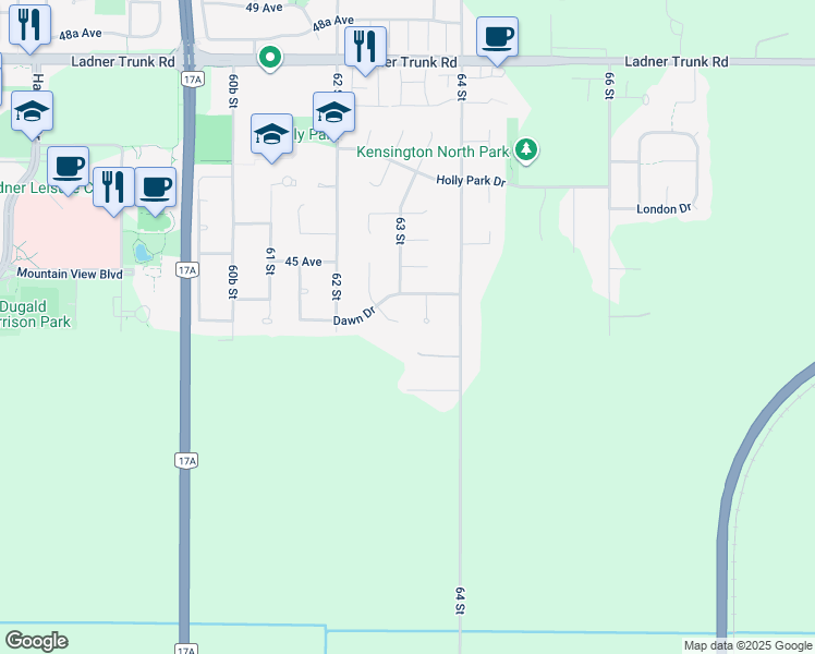 map of restaurants, bars, coffee shops, grocery stores, and more near 4406 Dawn Place in Delta