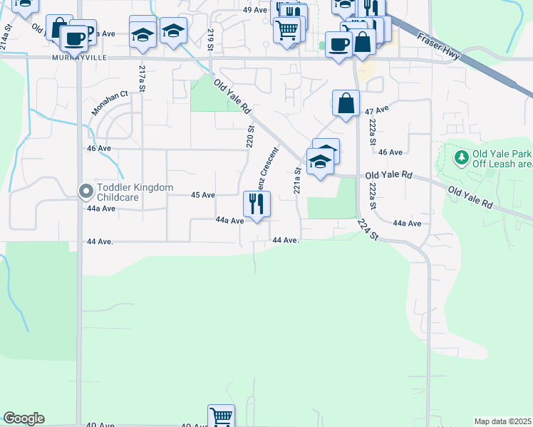 map of restaurants, bars, coffee shops, grocery stores, and more near 4458 Benz Crescent in Langley Township