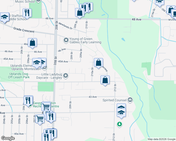 map of restaurants, bars, coffee shops, grocery stores, and more near 21018 45 Avenue in Langley