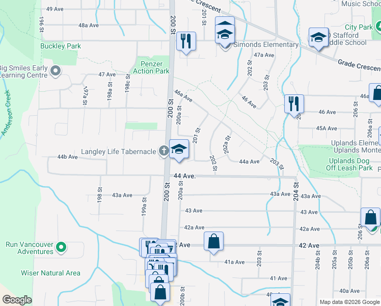 map of restaurants, bars, coffee shops, grocery stores, and more near 4453 201 Street in Langley