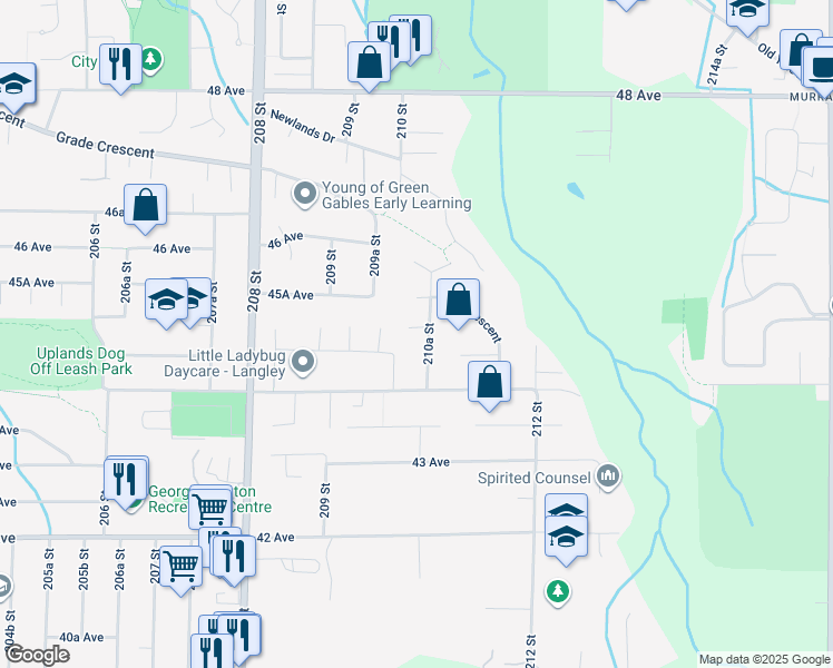 map of restaurants, bars, coffee shops, grocery stores, and more near 21026 45A Avenue in Langley