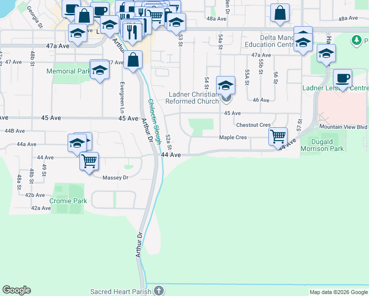 map of restaurants, bars, coffee shops, grocery stores, and more near 4413 Maple Lane in Delta