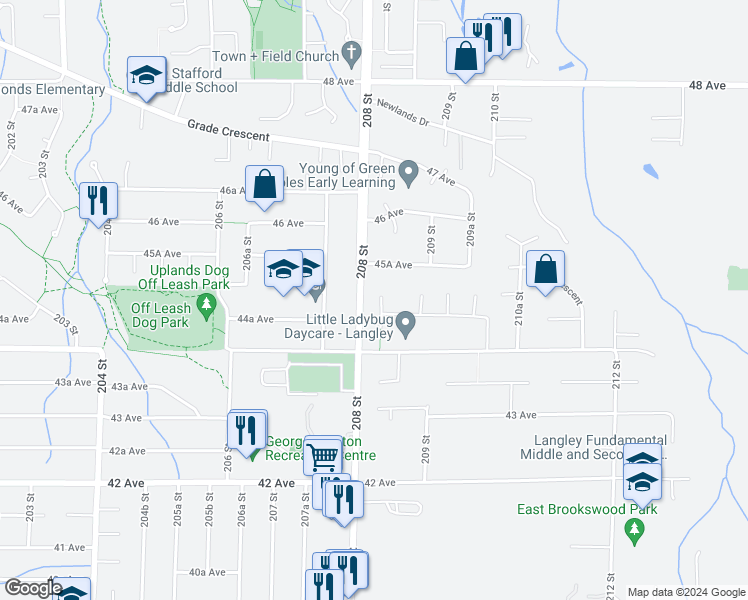 map of restaurants, bars, coffee shops, grocery stores, and more near 4473 208A Street in Langley City