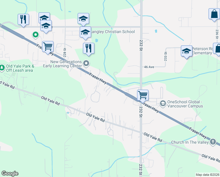 map of restaurants, bars, coffee shops, grocery stores, and more near 23038 Fraser Highway in Langley