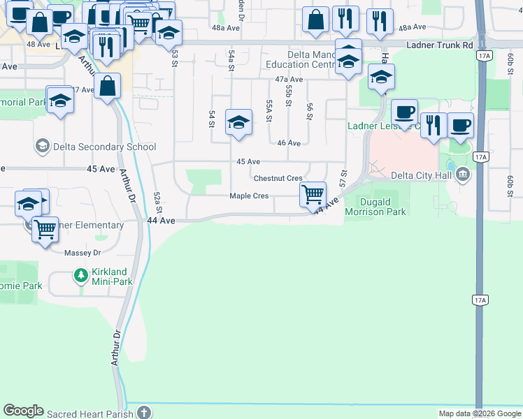 map of restaurants, bars, coffee shops, grocery stores, and more near 5471 44 Avenue in Delta