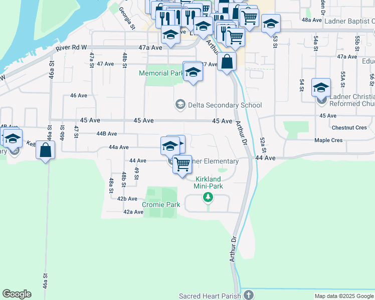 map of restaurants, bars, coffee shops, grocery stores, and more near 4425 50A Street in Delta