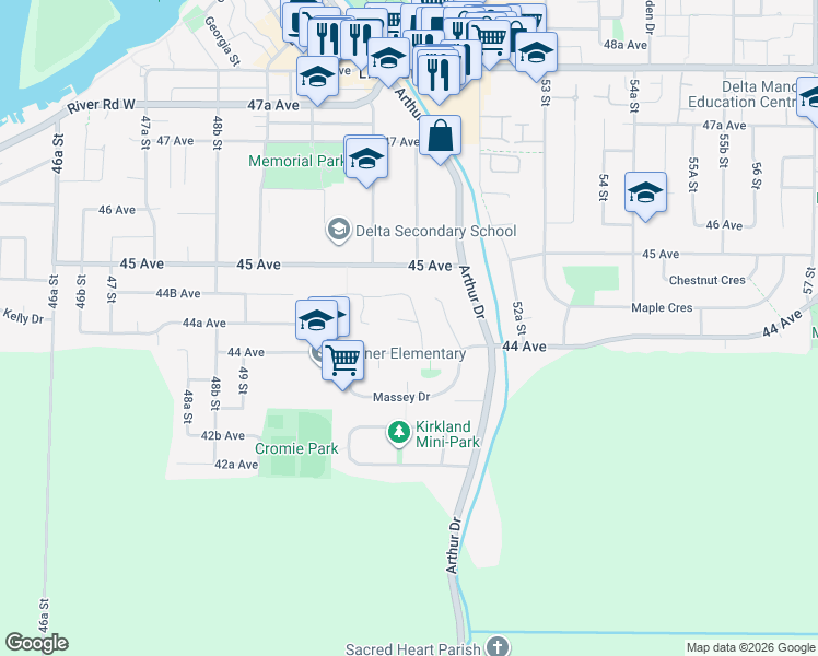 map of restaurants, bars, coffee shops, grocery stores, and more near 4421 Spanton Drive in Delta