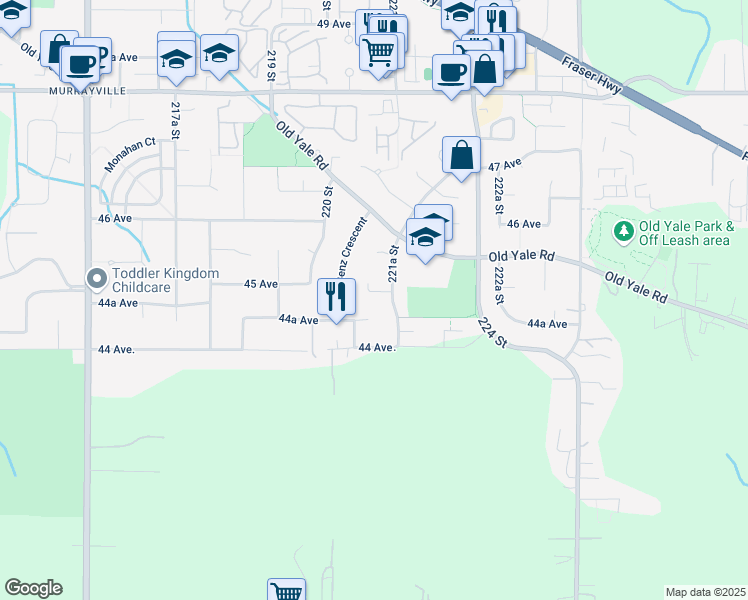 map of restaurants, bars, coffee shops, grocery stores, and more near 22112 45 Avenue in Langley