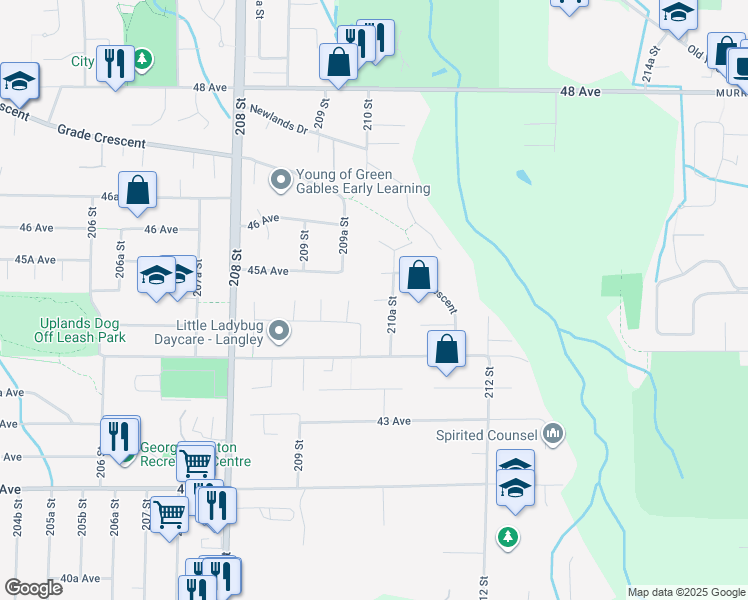map of restaurants, bars, coffee shops, grocery stores, and more near 21014 45A Avenue in Langley