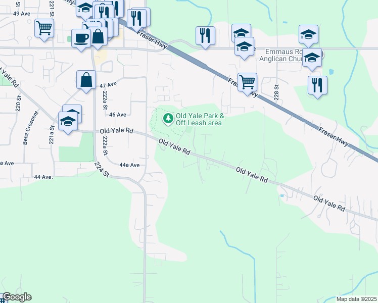 map of restaurants, bars, coffee shops, grocery stores, and more near 22526 Old Yale Road in Langley Township