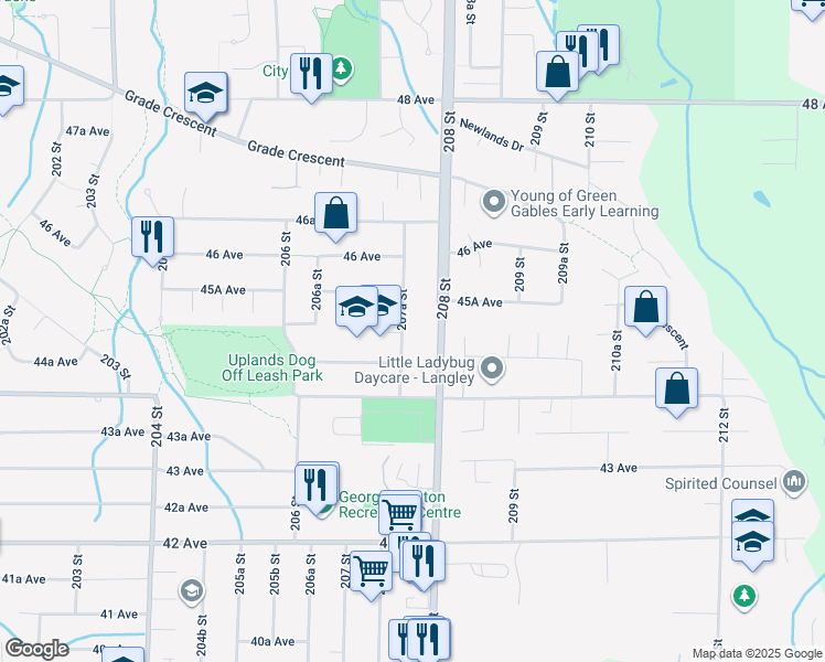 map of restaurants, bars, coffee shops, grocery stores, and more near 4500 207A Street in Langley City