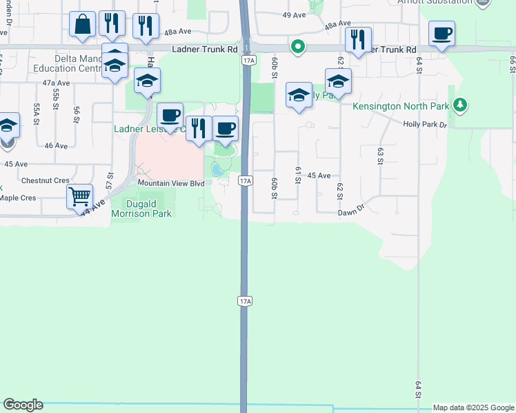 map of restaurants, bars, coffee shops, grocery stores, and more near 4432 Hawthorne Place in Delta