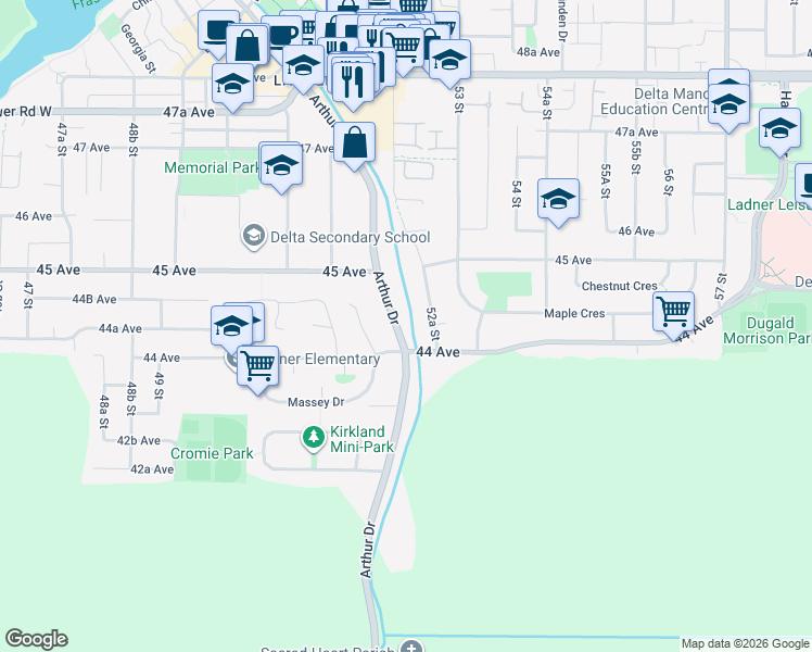 map of restaurants, bars, coffee shops, grocery stores, and more near 4442 Arthur Drive in Delta