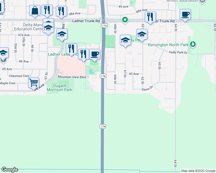 map of restaurants, bars, coffee shops, grocery stores, and more near 4432 Hawthorne Place in Delta