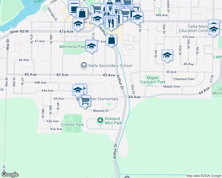 map of restaurants, bars, coffee shops, grocery stores, and more near 5229 Lynn Place in Delta