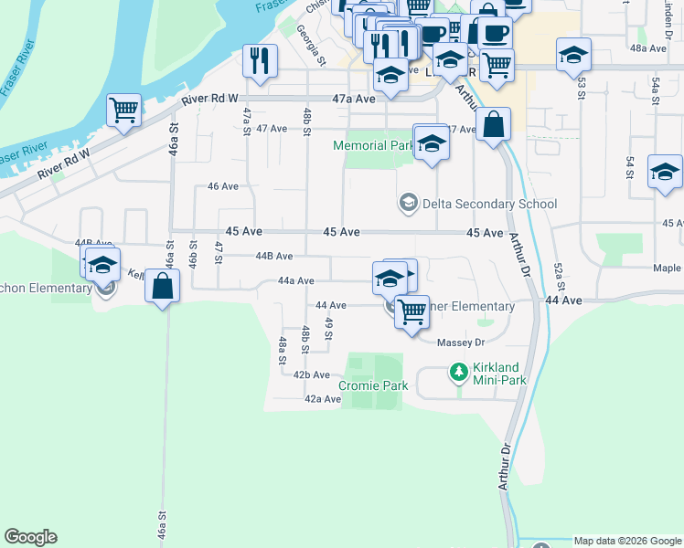 map of restaurants, bars, coffee shops, grocery stores, and more near 4921 44A Avenue in Delta