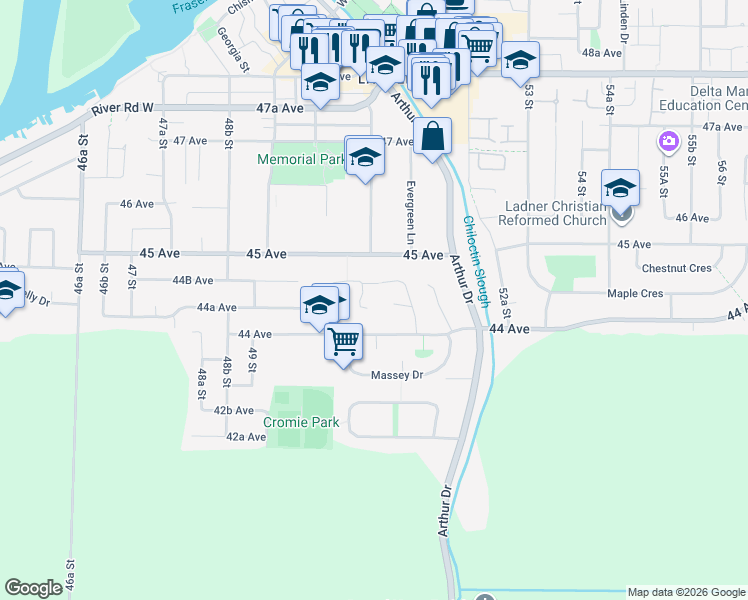 map of restaurants, bars, coffee shops, grocery stores, and more near 4430 50A Street in Delta
