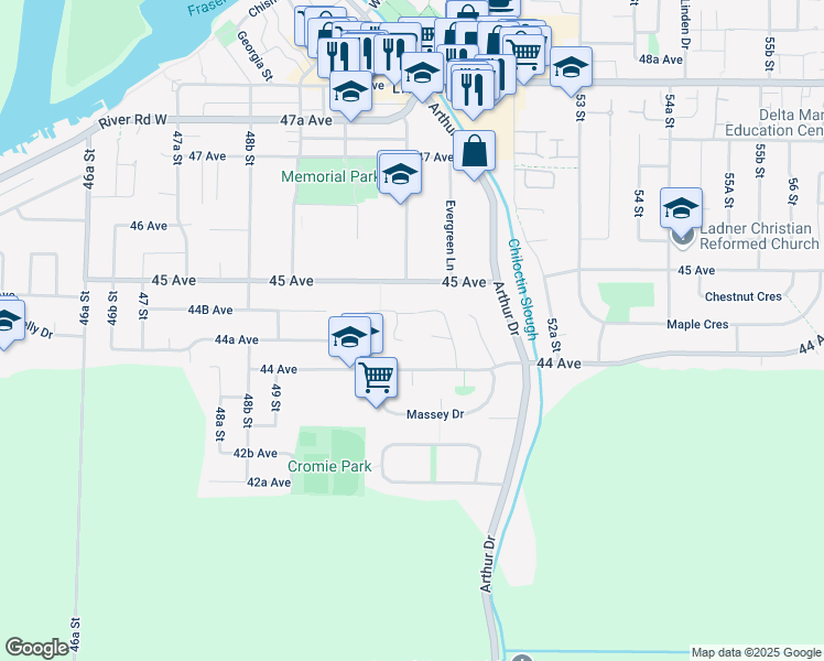 map of restaurants, bars, coffee shops, grocery stores, and more near in Delta