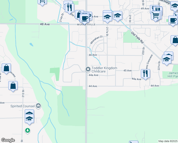 map of restaurants, bars, coffee shops, grocery stores, and more near 21654 45 Avenue in Langley