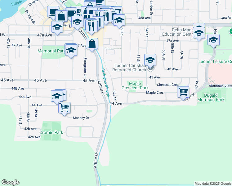 map of restaurants, bars, coffee shops, grocery stores, and more near 4434 52A Street in Delta