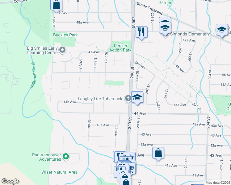 map of restaurants, bars, coffee shops, grocery stores, and more near 4525 199A Street in Langley